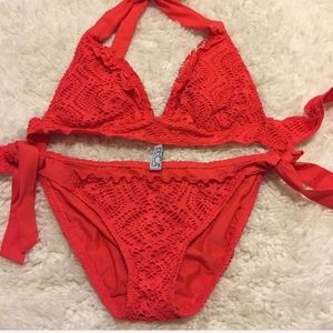 Coral crochet bikini. Top fits B to small D.